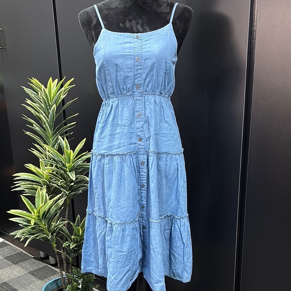 Kidpik Denim/Jean look, adjustable thin strap, elastic waist tiered ruffle maxi
